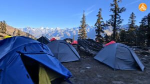 camping at high altitude. Blue and grey dome tents at a mountain campsite with pine trees and snow peaks behind.
